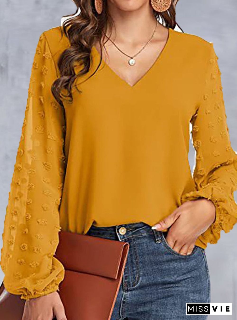 V-neck Paneled Casual Long-sleeve Blouse