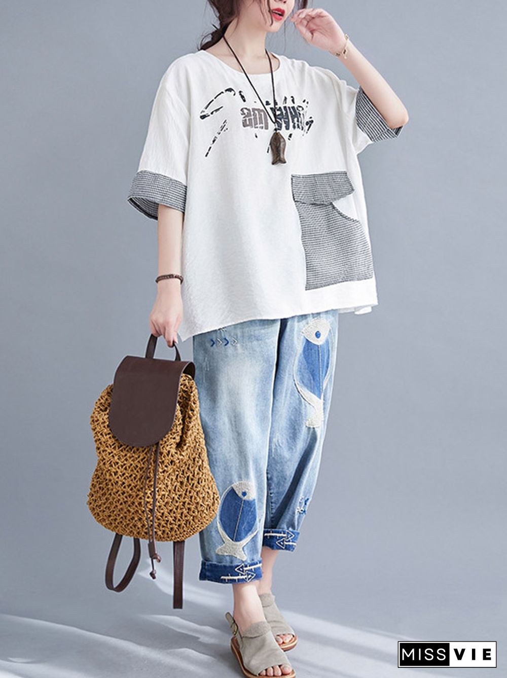 Original Letter Print Split-Joint Round-Neck T-Shirts Tops