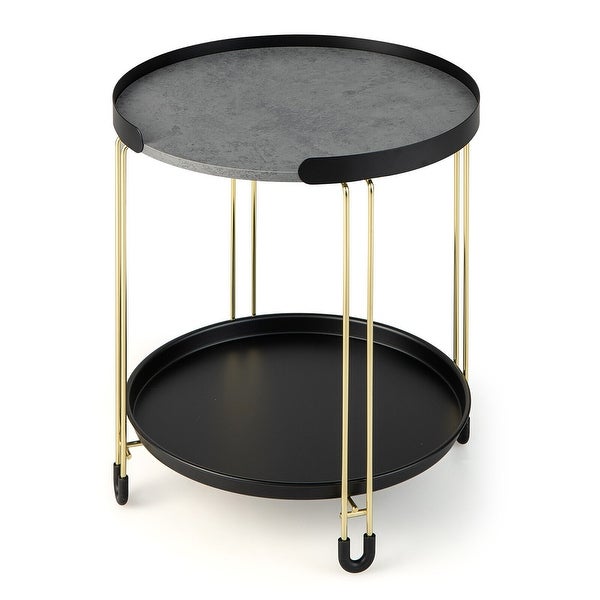 Gymax 2-Tier Side End Table Round Nightstand Gold Frame for Living