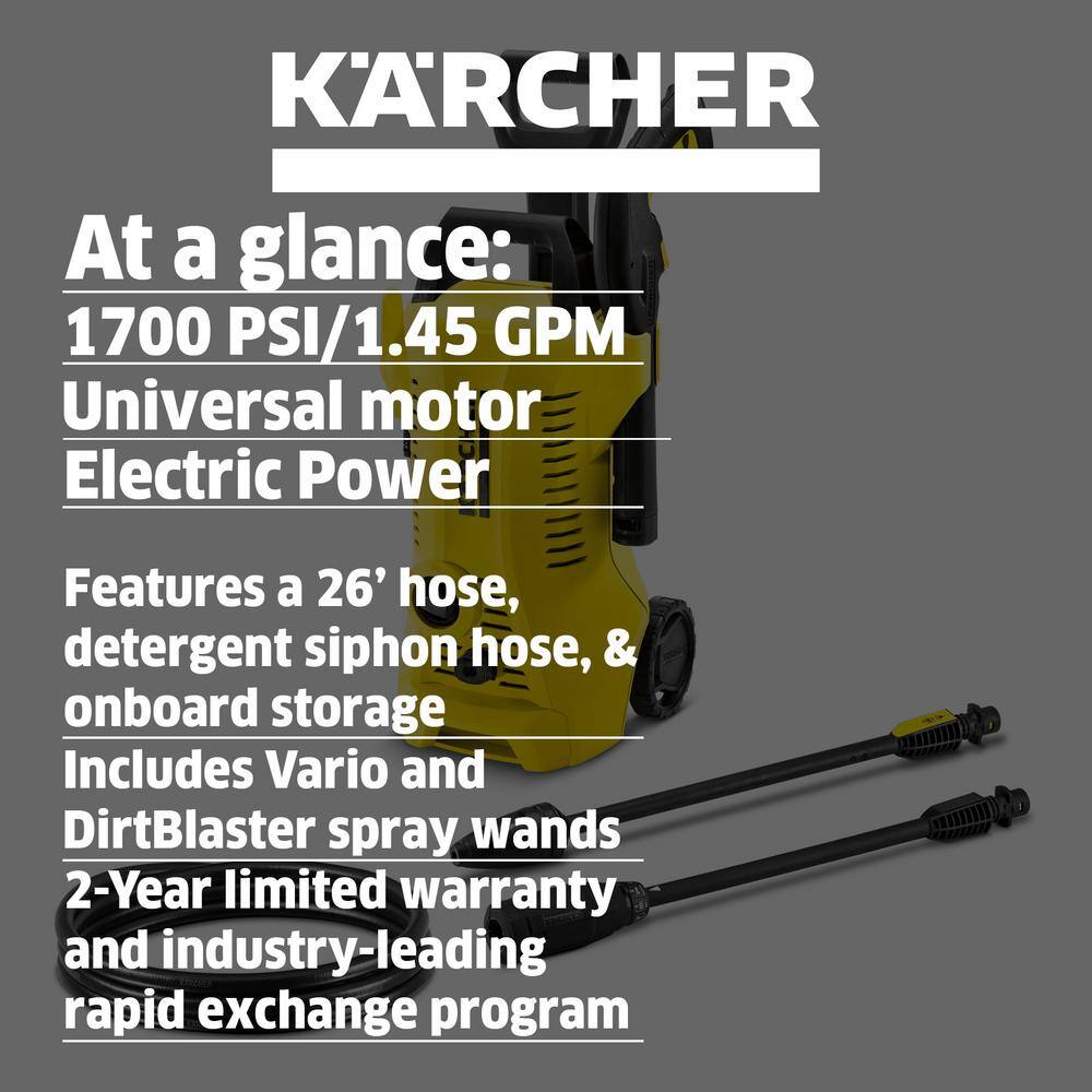 Karcher 1.673-609.0 1700 PSI 1.45 GPM K 2 Power Control Cold Water Electric Pressure Washer Plus Vario and DirtBlaster Spray Wands