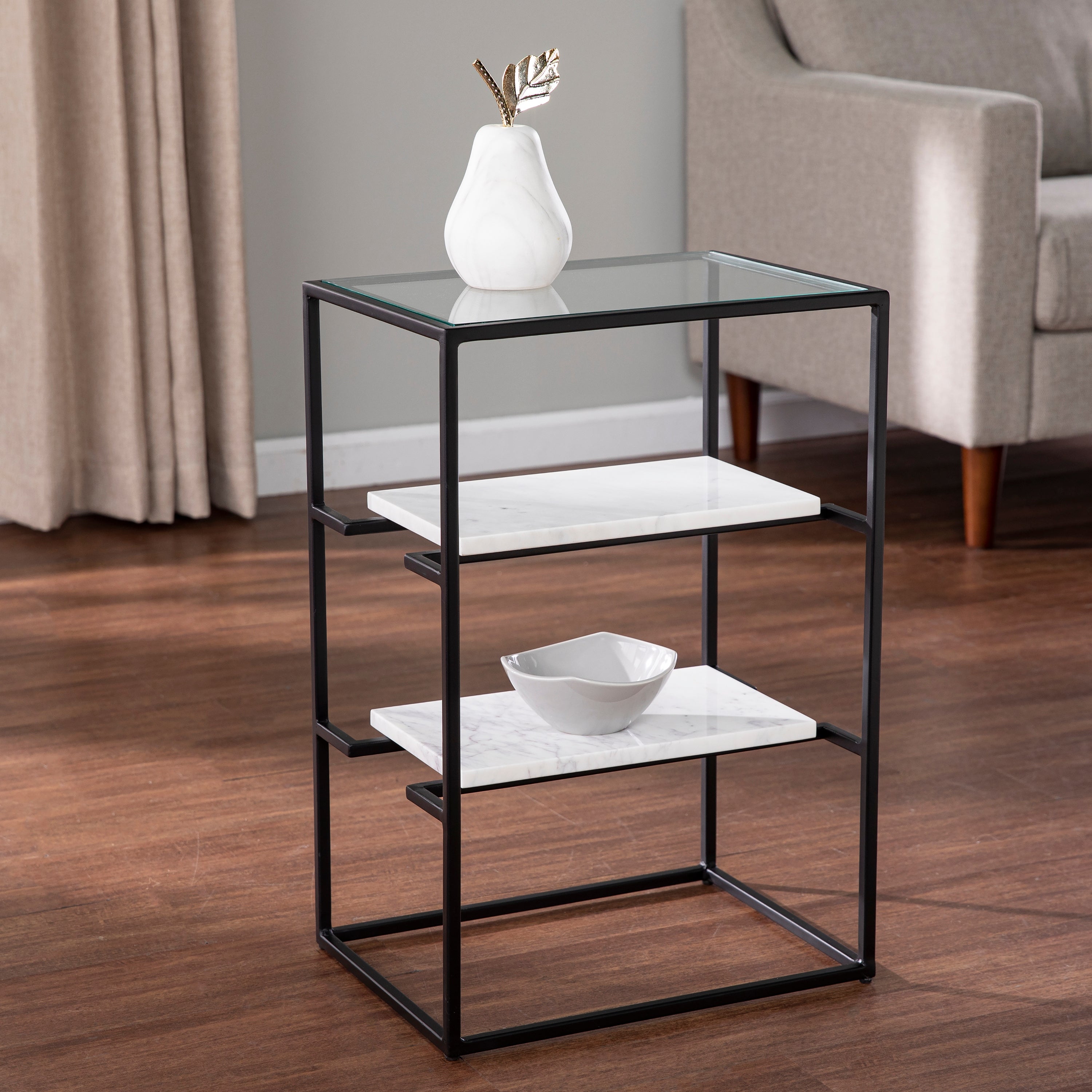 SEI Furniture Piesby Glass-Top End Table with Marble Shelving， Black/White