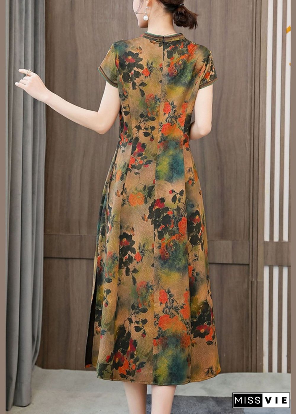 Green Print Silk Cheongsam Dresses Embroideried Slim Fit Summer