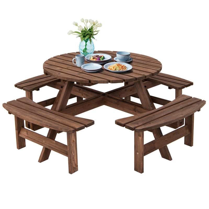 8-Person Outdoor Wooden Round Picnic Dining Table Bench Set with Umbrella Hole & 4 Benches