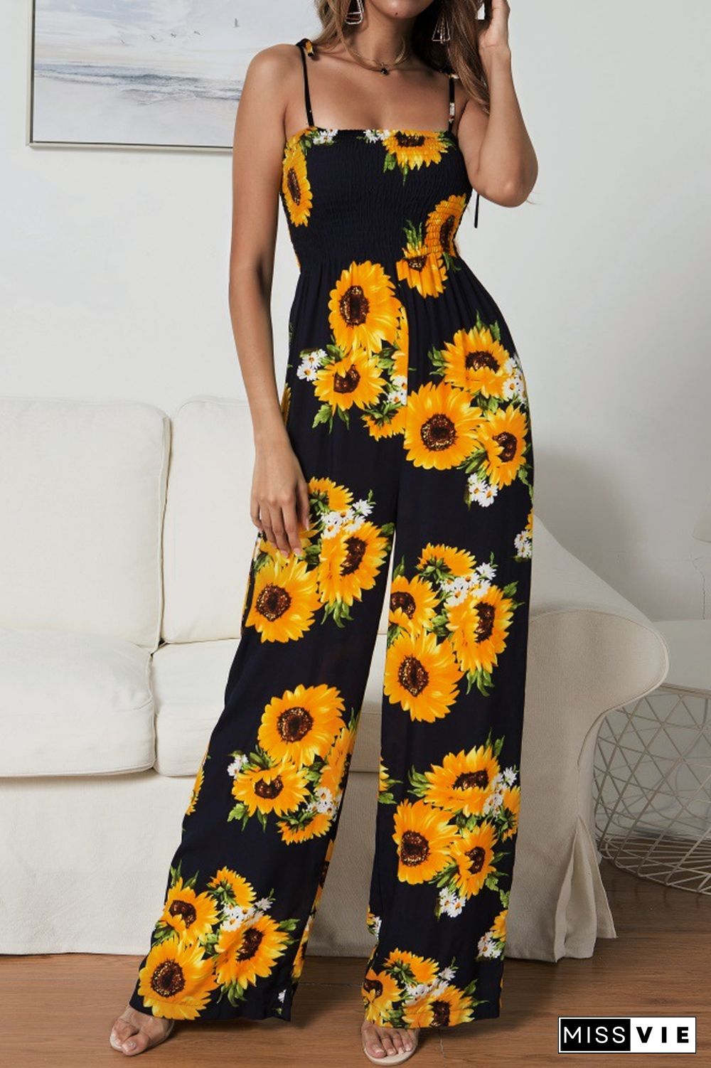 KarliDress Sunflower Print One-piece Jumpsuit P12828