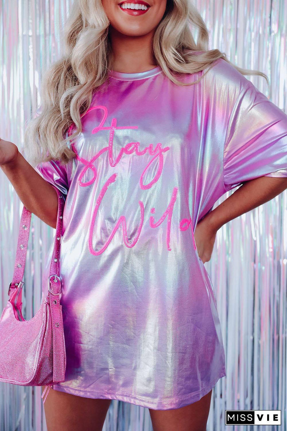 Purple Shiny Iridescent Stay Wild Graphic Oversized Tee