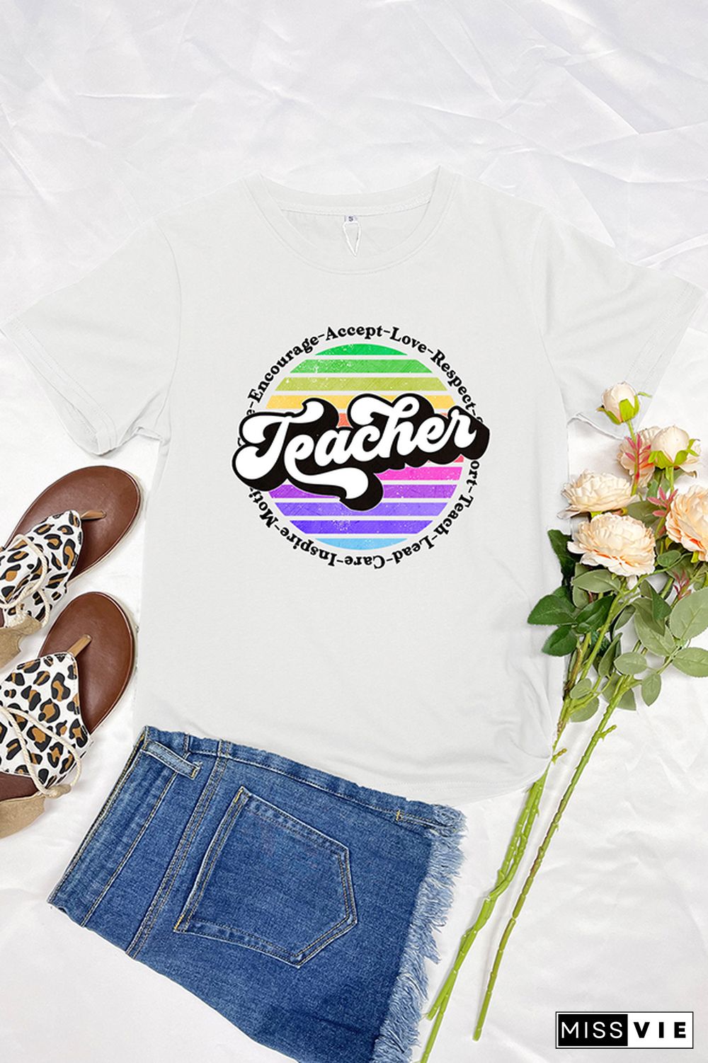 Colorful Teacher Retro Circle Short Sleeve Graphic Tee Wholesale