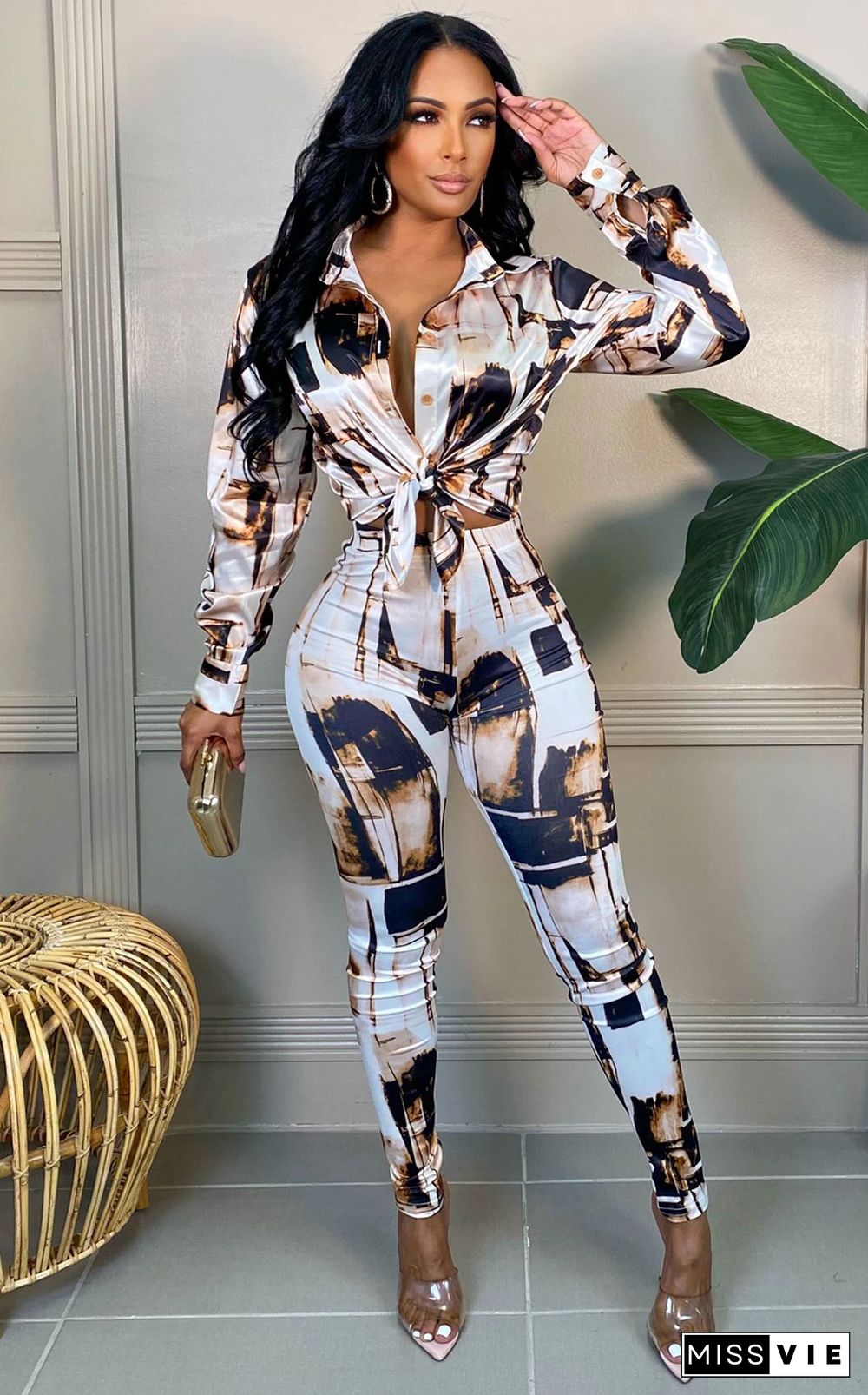 Pattern Long Sleeve Shirt Top Pencil Pants Set