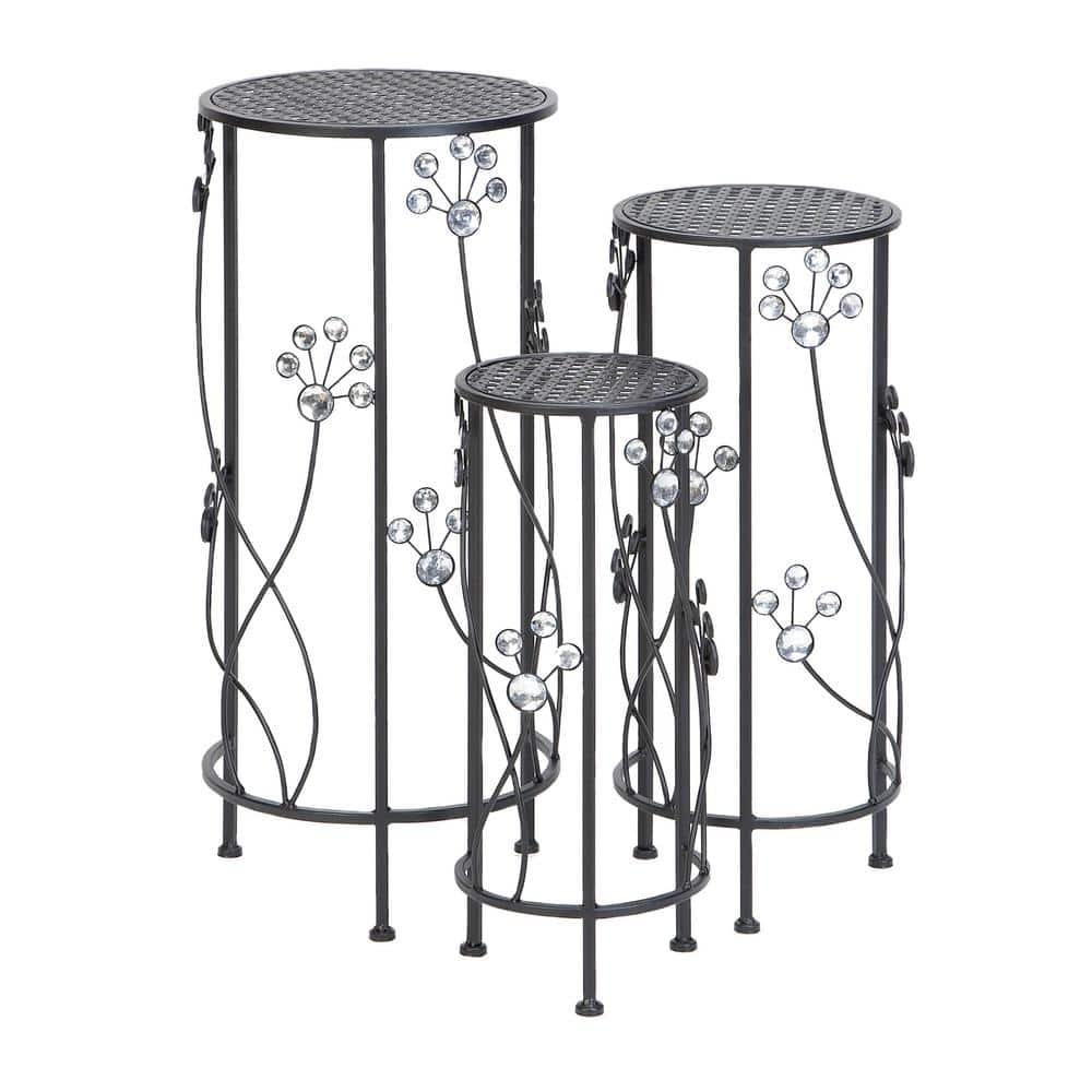 Litton Lane 28 in. Black Cylinder Metal Floral Crystal Plantstand with 3-Tiers 63345