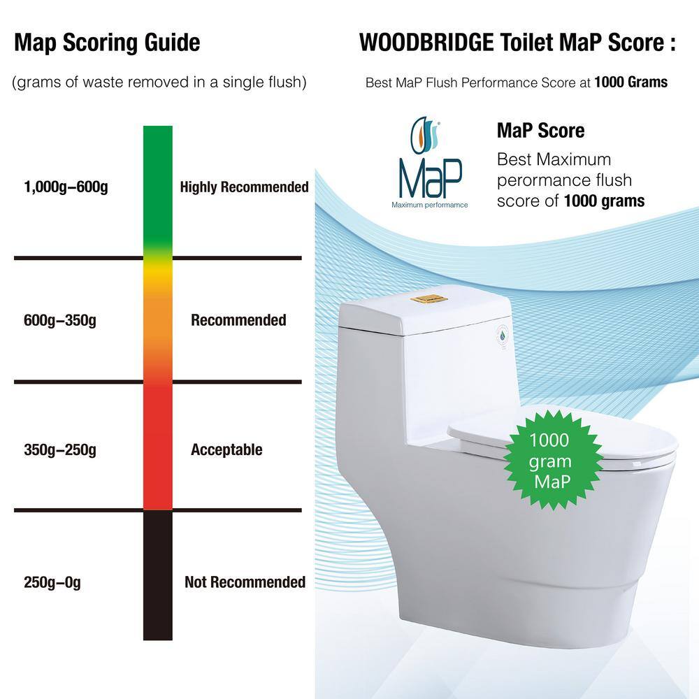 WOODBRIDGE Everette 1-piece 1.11.6 GPF Dual Flush Elongated Toilet in White with Seat Included and Brushed Gold Flush Button HB0940-BG