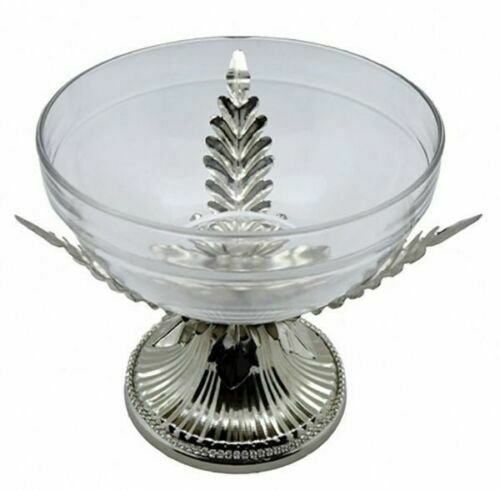 1 Beautiful Round Glass Cocktail Serving Bowl On Three Leaf Festive Metal Base EBR02