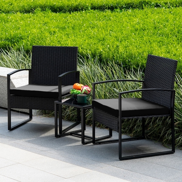 3 Piece Patio Bistro Set Outdoor Furniture Set with Glass Table，Rattan Conversation Sets for Porch Garden Balcony