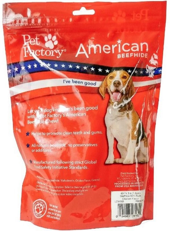 Pet Factory Beefhide Mini Rolls 3-inch Chicken Flavored Dog Hard Chews， 40 count