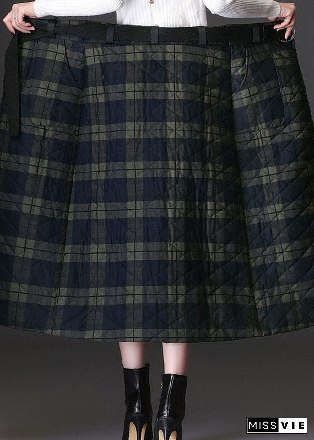 Women Green Zip Up Plaid Fine Cotton Filled Skirts Winter