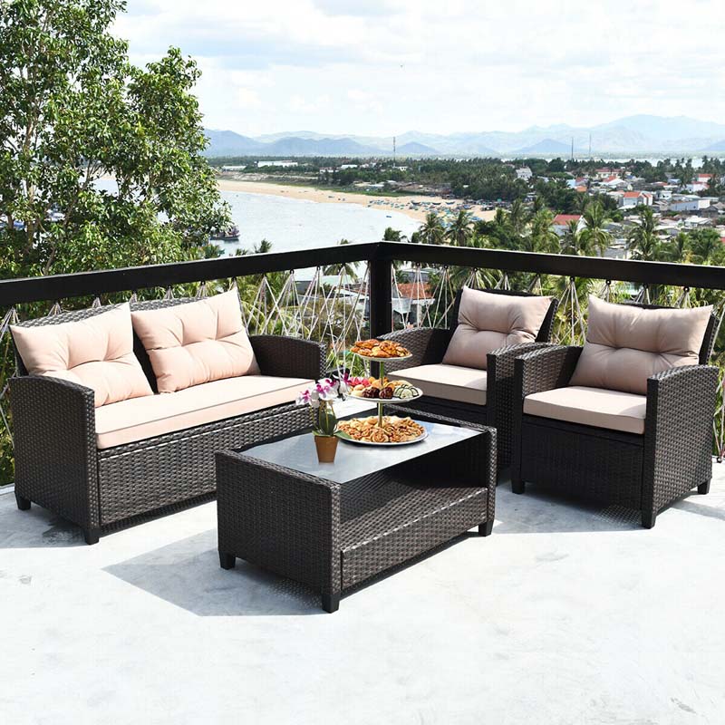 4 Pcs Rattan Patio Furniture Conversation Set Outdoor Wicker Sofa Set with Lower Shelf Coffee Table