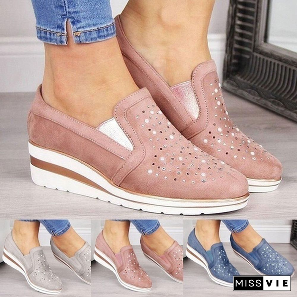 Women Casual Thick Sole Single Shoes Rhinestones Sandals Breathable Wedge Shoes