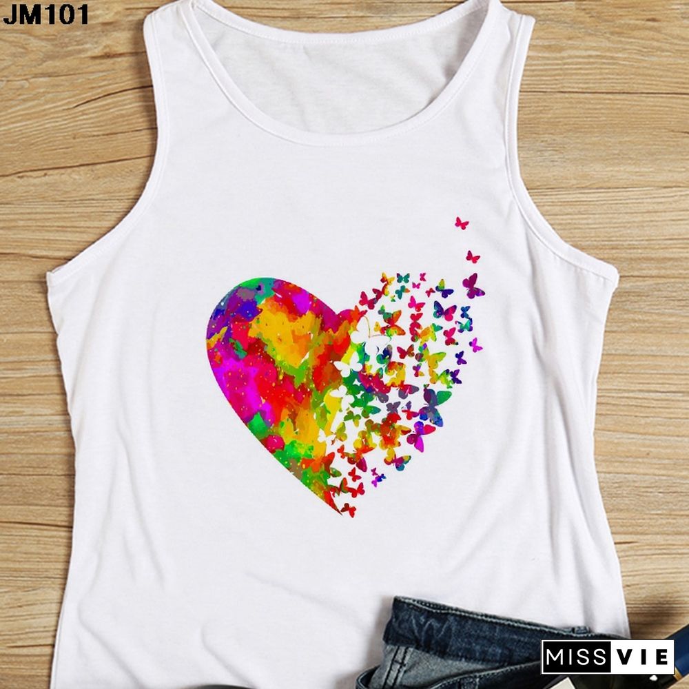 Heart Flower Printed Ladies Camisole Harajuku Casual White Vest Summer Womens Love Graphic Tank Tops Fashion Sleeveless T Shirt