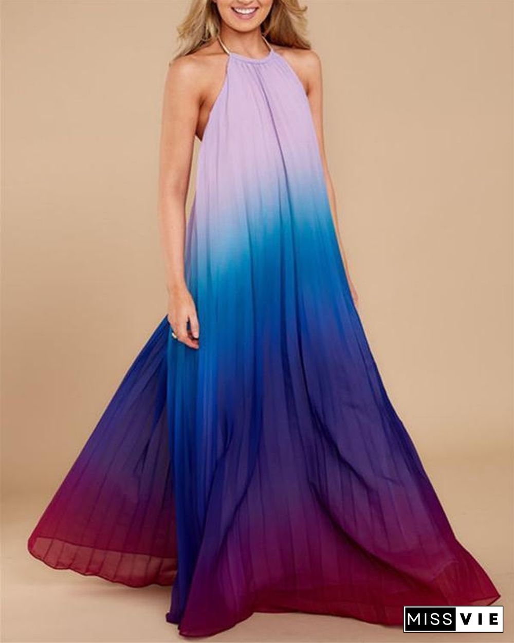 Women Ombre Chiffon Gradient Halter Sleeveless Evening Maxi Dress