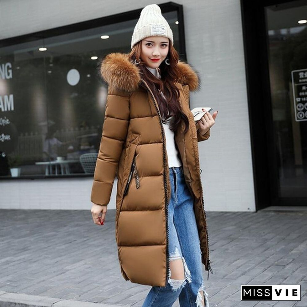 Winter New Woman Hooded Slim Large Fur Collar Long Ladies Cotton Coat Thick Coat Plus Size S-5XL