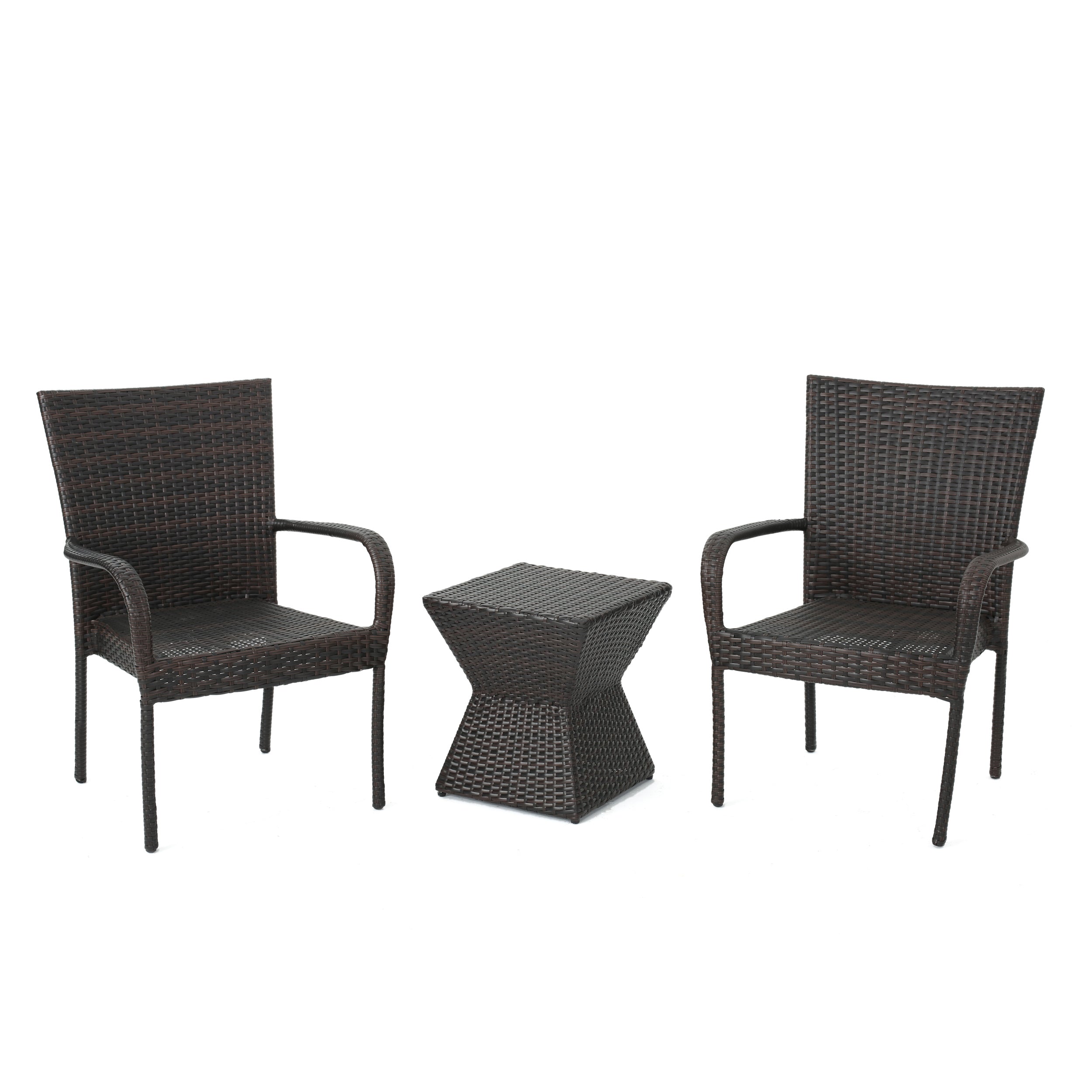 Bakerville Outdoor 3 Piece Multi-Brown Wicker Chat Set with Stacking Chairs