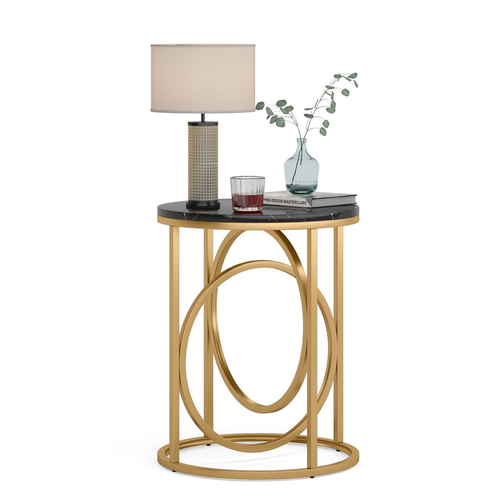 20 in. Marble Black Round Wood End Table with Gold O shaped Base