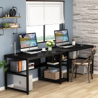 Tribesigns Cassey 78.7 in. Retangular Black Wood and Metal Computer Desk Double Desk for Two Person with Shelf TJHD-QP-0349