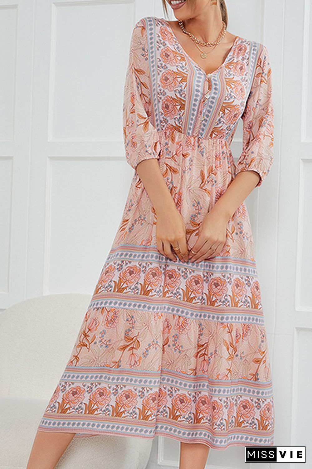 Bohemian Floral Buckle V Neck A Line Dresses