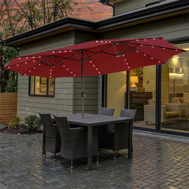 15 FT Large Outdoor Patio Table Umbrella with 48 Solar LED Lights & Crank, Double-Sided Metal Deck Pool Umbrella