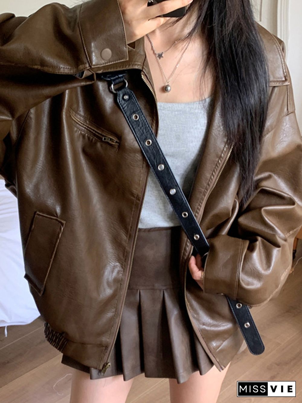 Vintage Brown Lapel Neck Zip Up Leather Jacket