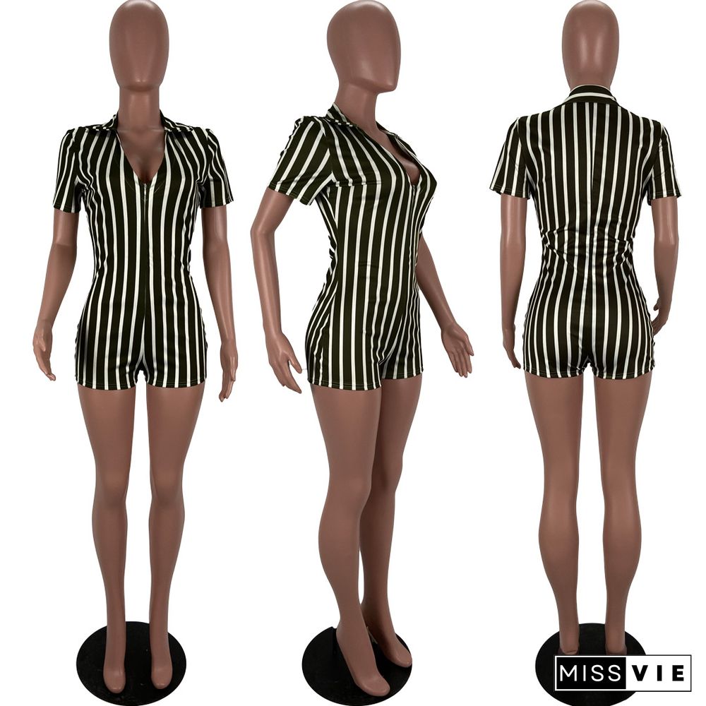 Striped Deep V Lapel Bodycon Short Jumpsuits