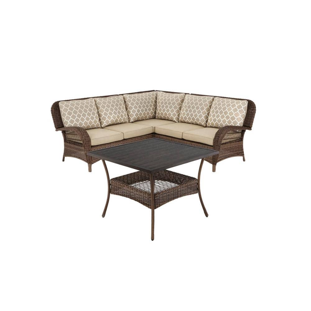 Hampton Bay Beacon Park 4-Piece Steel Brown Wicker Outdoor Sectional Sofa with Toffee Cushions and Slat Top Table FRS80865BL-ST-1