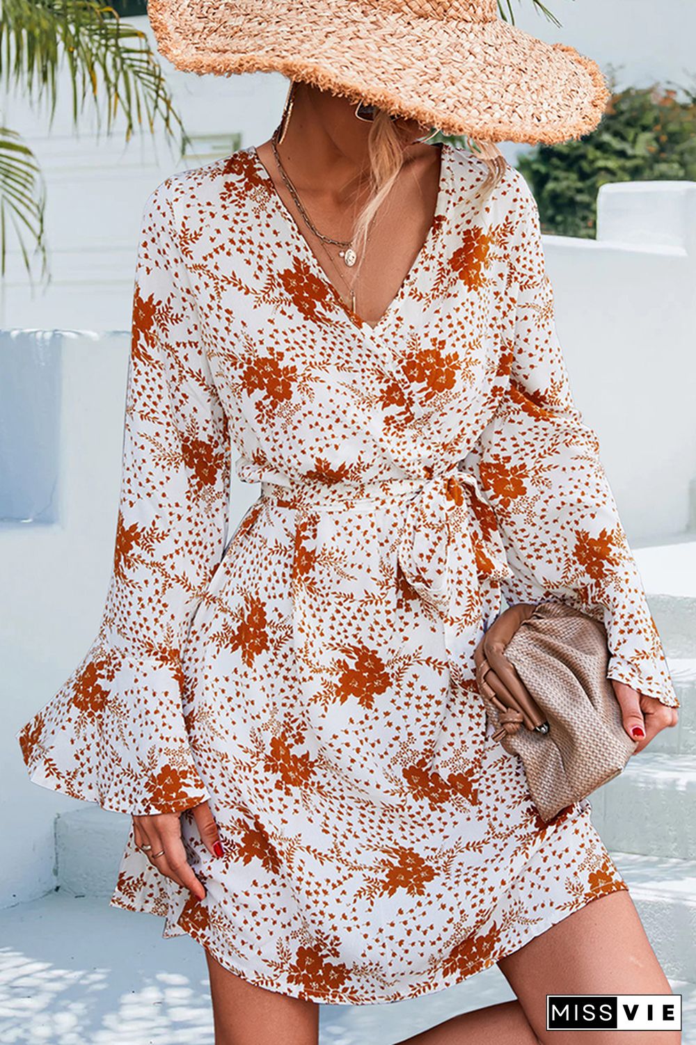 V Neck Wrap Flare Sleeves Floral Print Dress