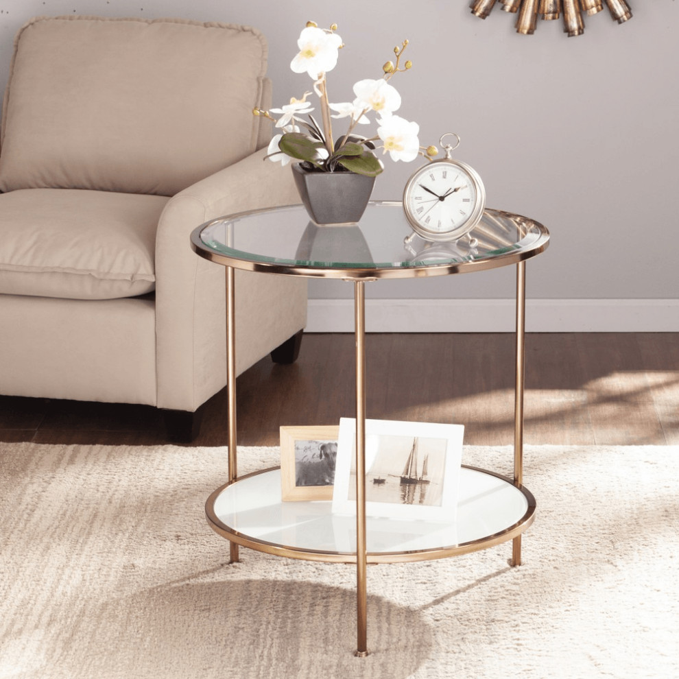 26 quotGold Glass And Iron Round End Table With Shelf   Contemporary   Side Tables And End Tables   by HomeRoots  Houzz