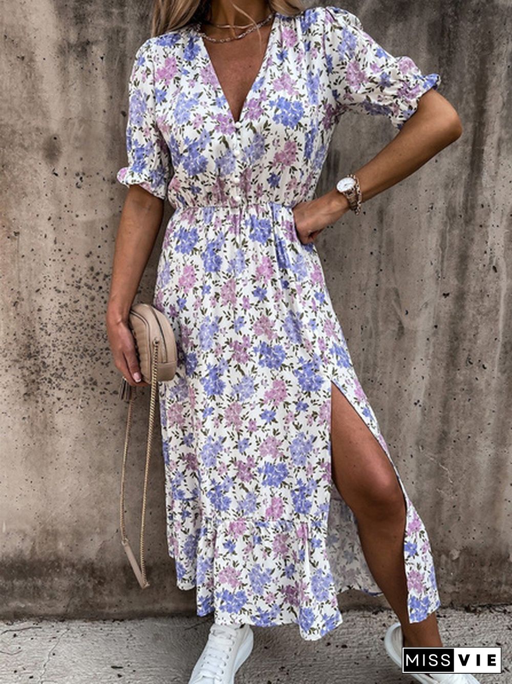 Women Summer Fashion V Neck Short Sleeve Print Long Dress Beach Boho Dress Split Ladies Dress