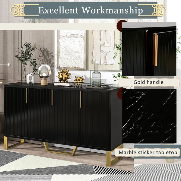 Modern sideboard with Four Doors， Metal handles and Legs and Adjustable Shelves Kitchen Cabinet