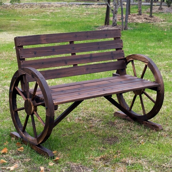 Outsunny Outdoor Patio Wagon Wheel Wooden Bench Chair