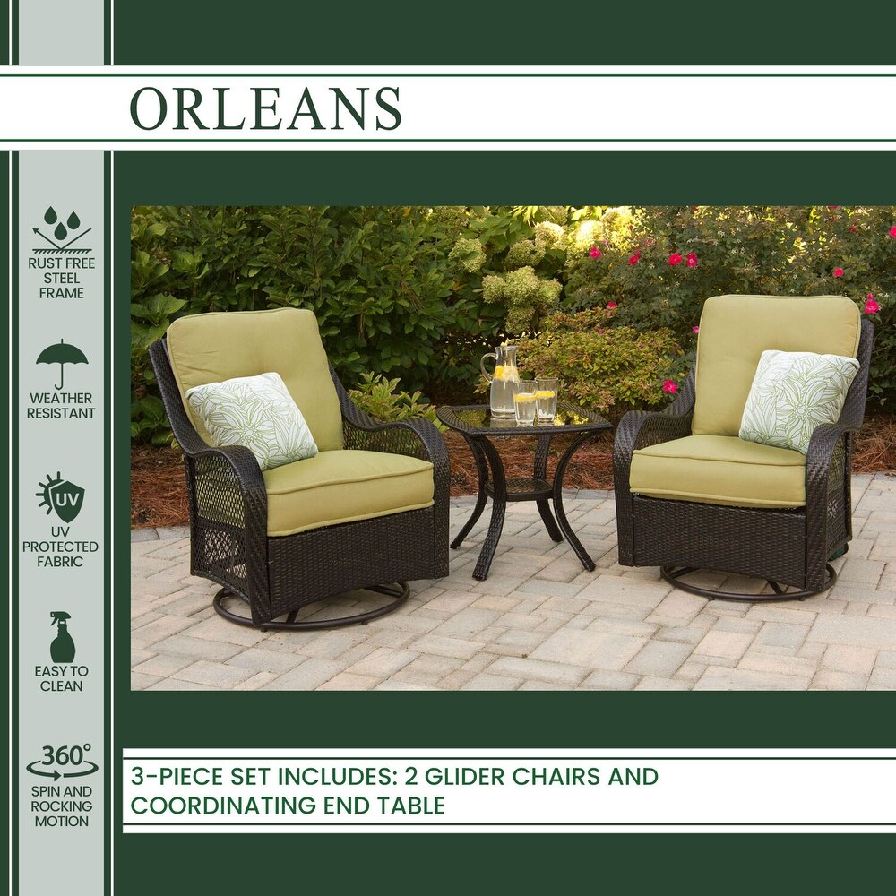 Hanover ORLEANS3PCSW Orleans Avocado Green Rattan 3 piece Outdoor Swivel Rocking Chat Set