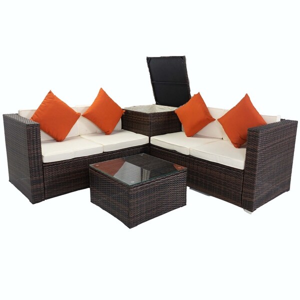 4 Piece Patio Sectional Wicker Rattan Outdoor Furniture Sofa Set with Storage Box -  - 37355246