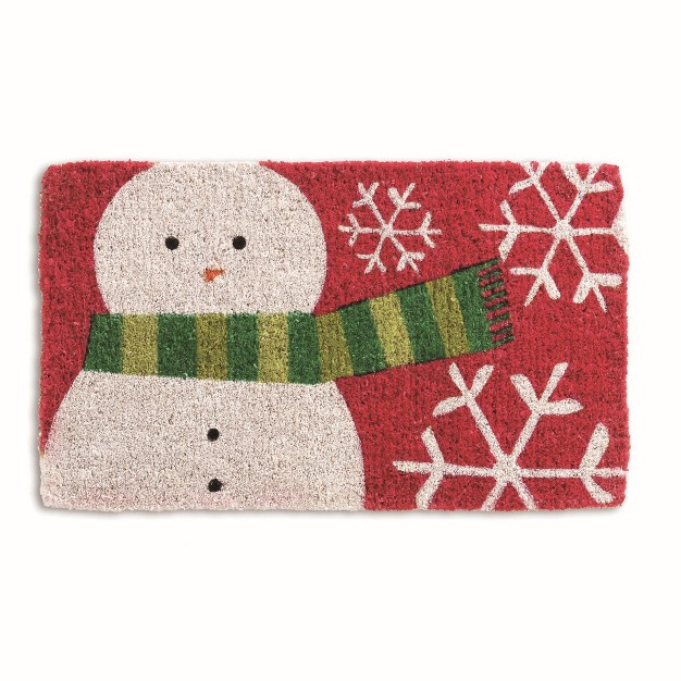 White Snowman In Scraf Rectangle Indoor And Outdoor Coir Door Welcome Mat On Red Background