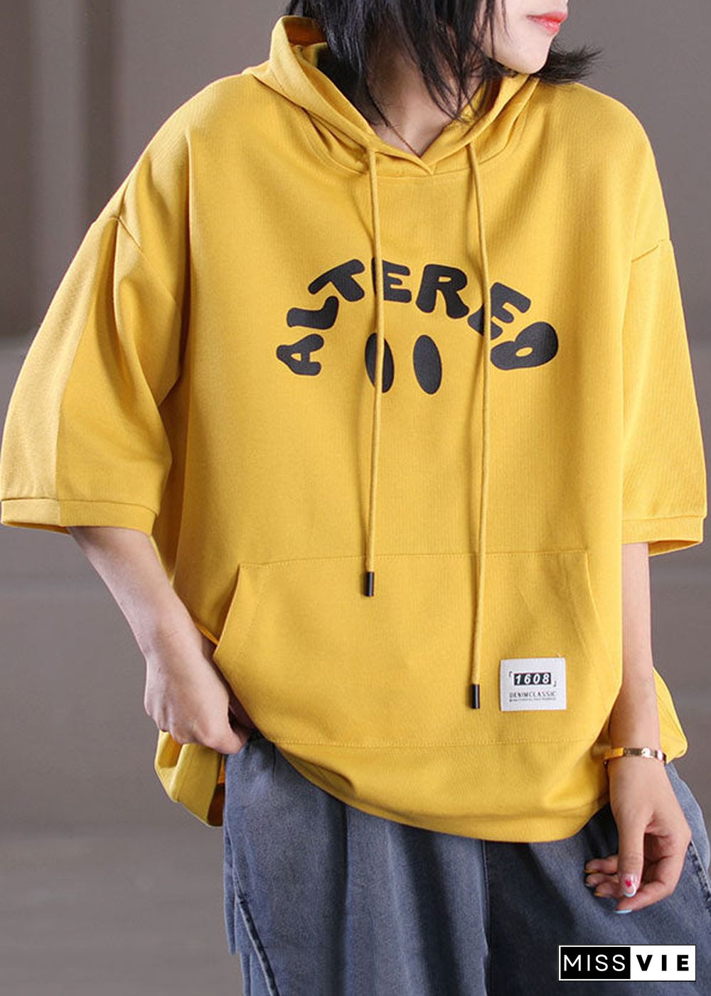 Diy Yellow Drawstring Hooded Letter Print Cotton Loose Sweatshirt Top Long Sleeve