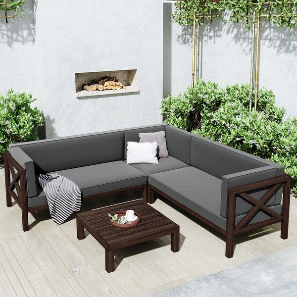 4 Pieces Outdoor Corner Design Patio Sectional Sofa Set， Featuring Wooden X-back Frames and Cushions， with Solid Wood Table - Overstock - 37495576