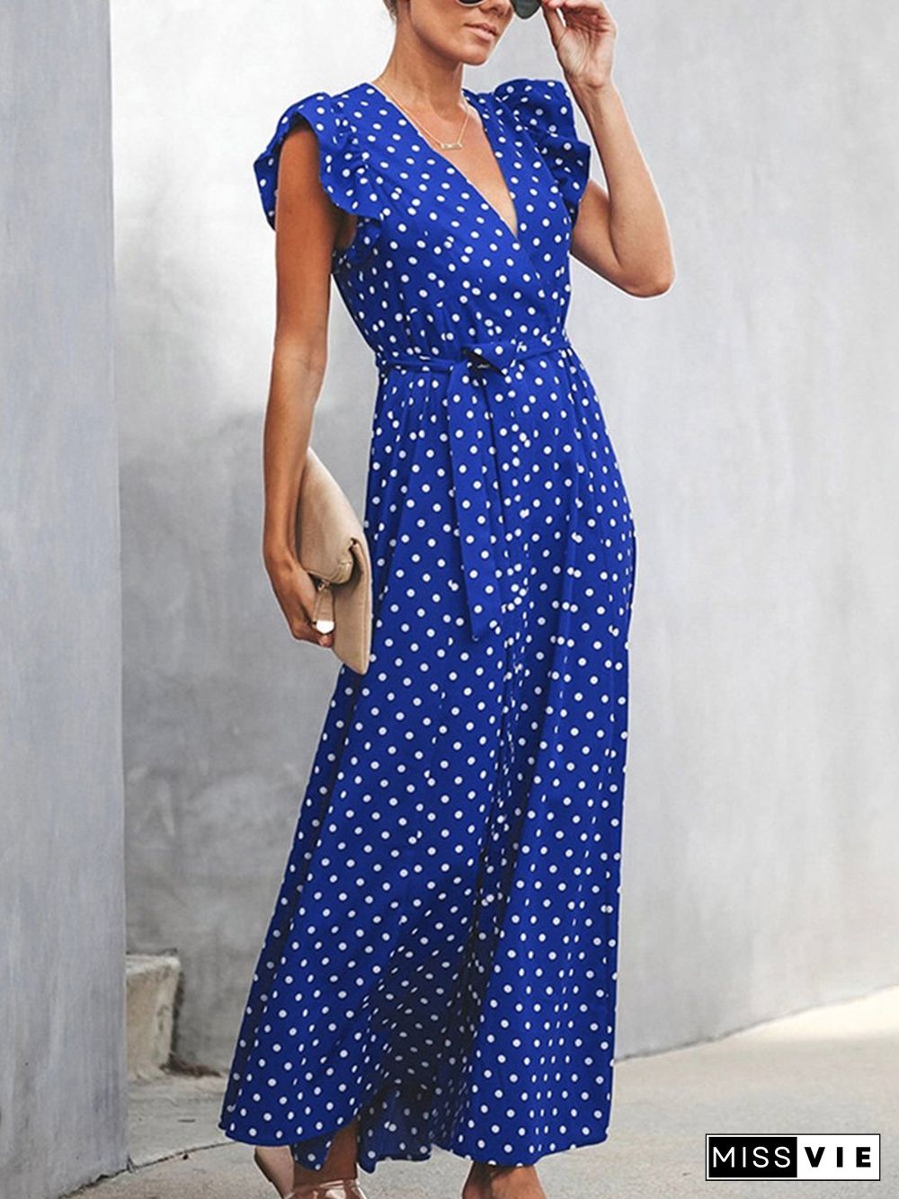 V-neck Ruffle Sleeve Wrap Maxi Dress P16306