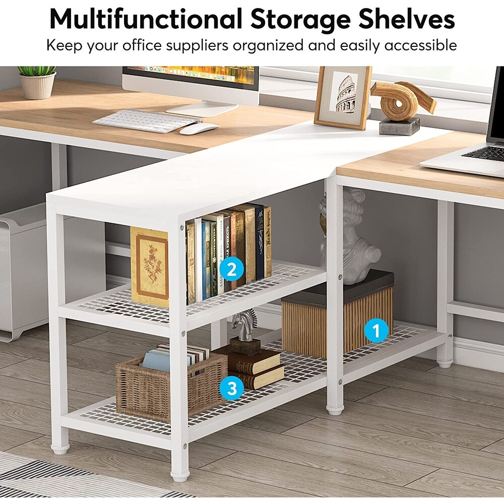 94.5 inch Double Computer Desk with Storage Shelves  Two Person Desk