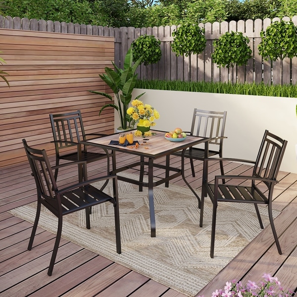 MAISON ARTS 5 Pieces Patio Dining Set with 4 Metal Stackable Chairs and 1 Square Table with WoodLike PVC Top and Umbrella Hole