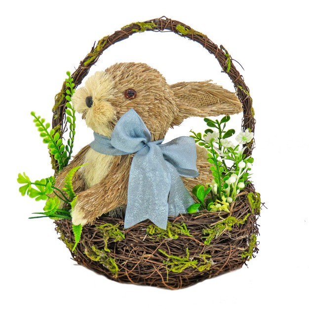 National Tree Company Woven Basket With Bunny Table Decoration Woven Branch Base Decorated With Fern Fronds Tulips Easter Collection 10 Inches