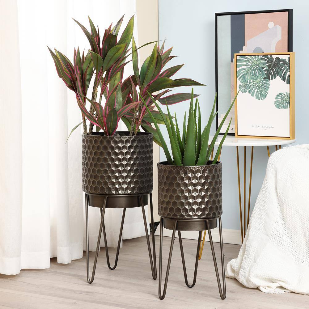 Luxen Home Brown Metal Honeycomb Cachepot Planters with Brown Metal Stands (2-Pack) WHPL1454