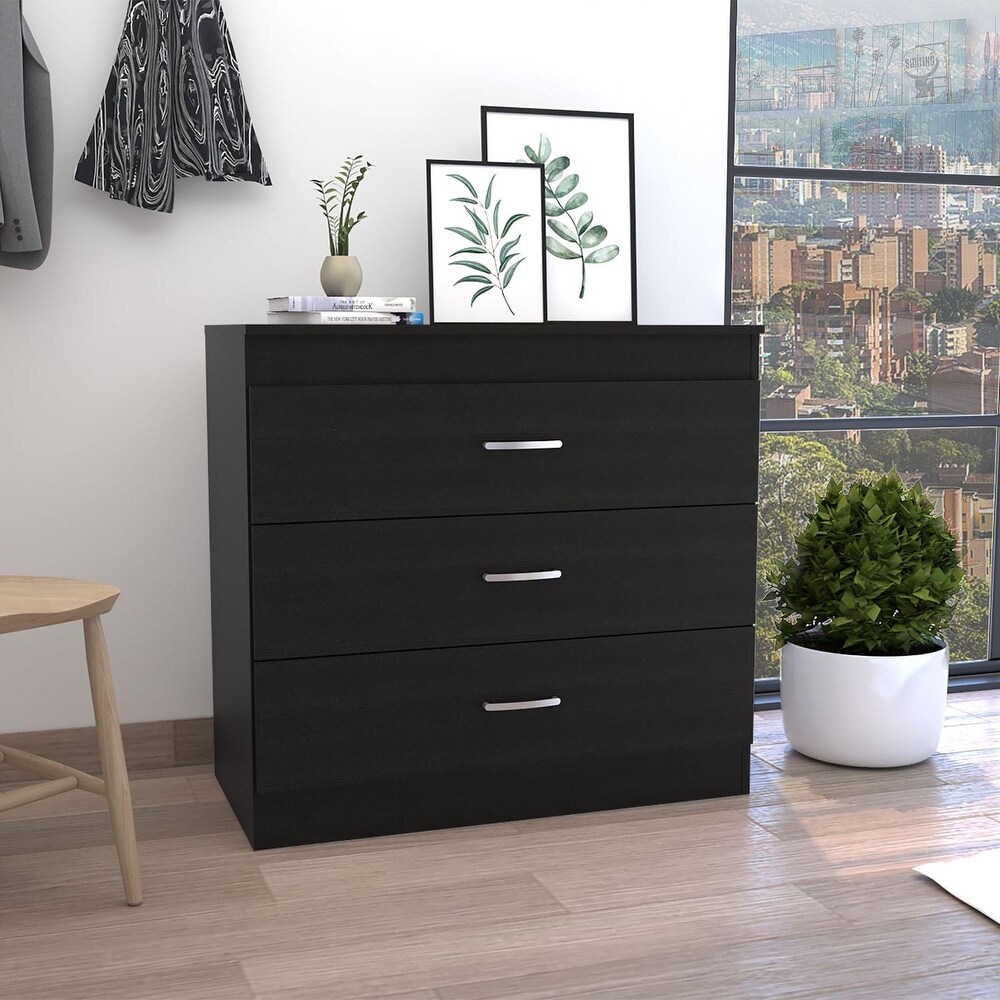 Wooden 3 Drawer Dresser Metal Hardware Superior Top Black