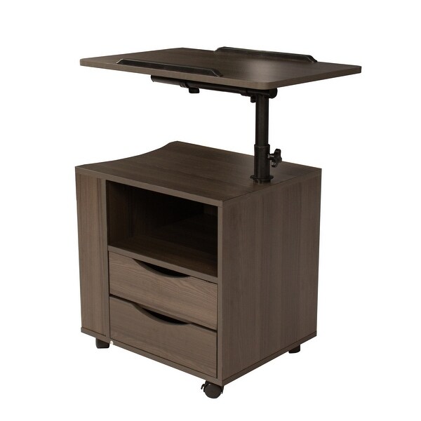 Height Adjustable Overbed End Table Wooden Nightstand with Swivel Top， Storage Drawers， Wheels and Open Shel - - 37955956