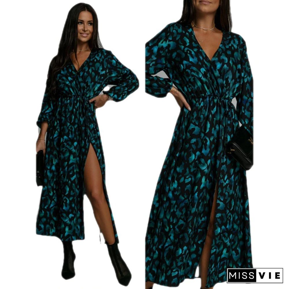 New Fashion Print Mid-length Dress Women High Waist V Neck Chiffon Slit Dress Casual Vacation Beach Dress