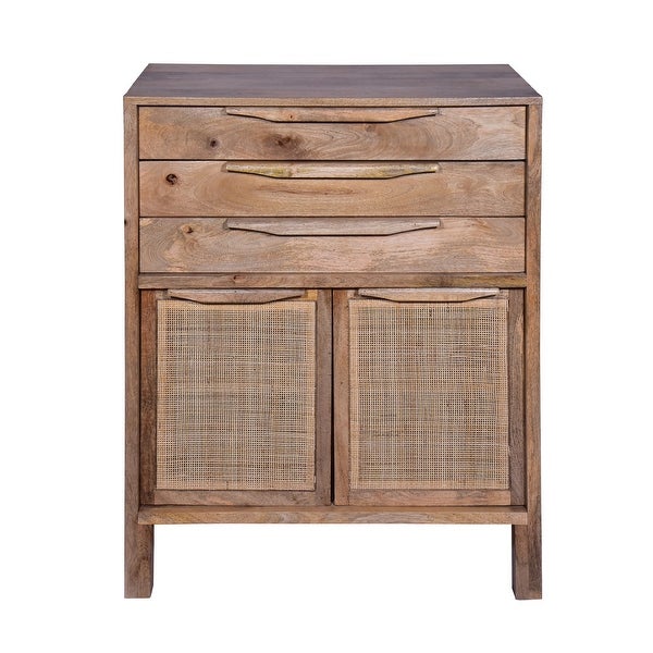 Ryan 40 Inch Cottage Mango Wood Dresser Storage Cabinet， 3 Drawers， Cane Rattan Panels Doors， Natural Brown - - 36148643