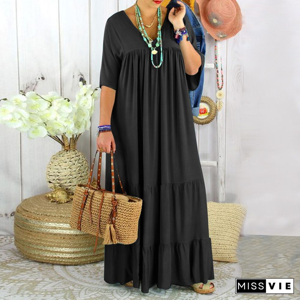 Women's Fashion Maxi Dress Casual Short Sleeve V Neck Loose Pleated Tunic Dress Kaftan Dress Kleid Plus Size